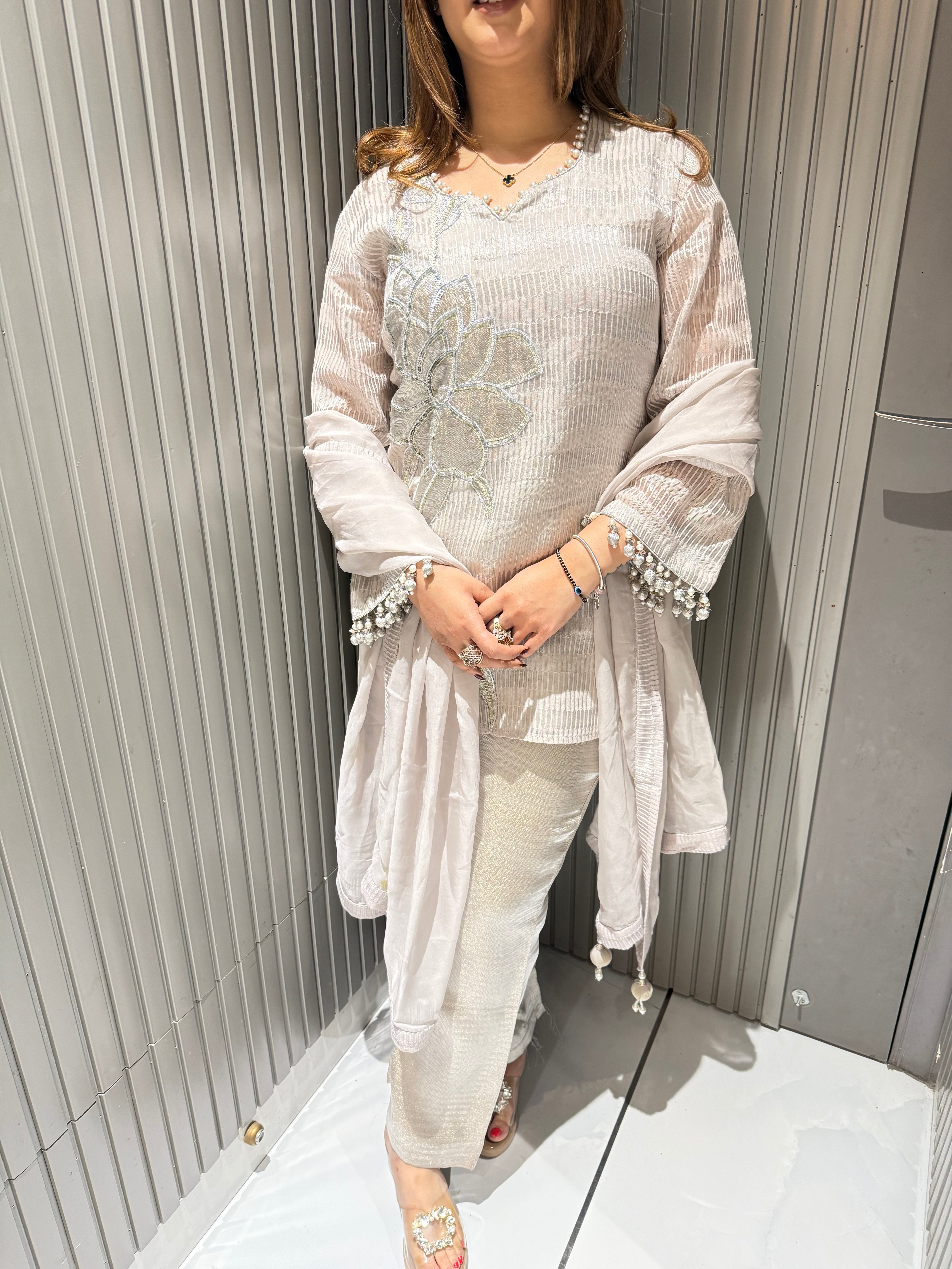 Silver Shimmer Short Shirt Suit Set with Handwork Patch
