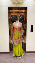 PRINTED PEPLUM KURTA WITH GHARARA & POTLI BAG