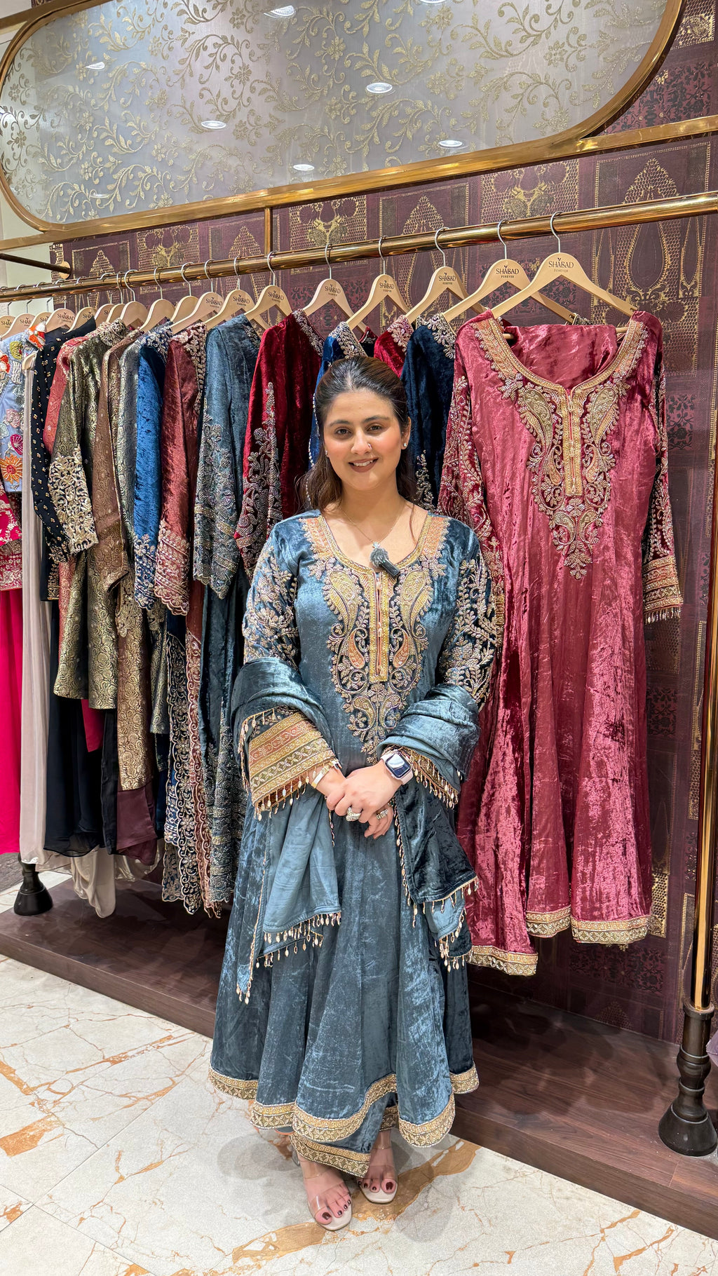 Velvet heavy sleeve embroidered anarkali