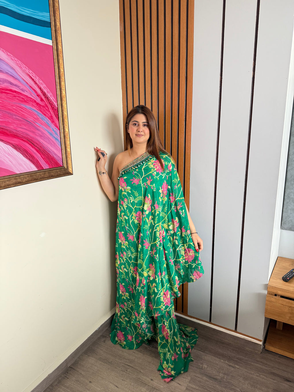 One Shoulder Green Printed 3pc Set