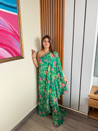 One Shoulder Green Printed 3pc Set
