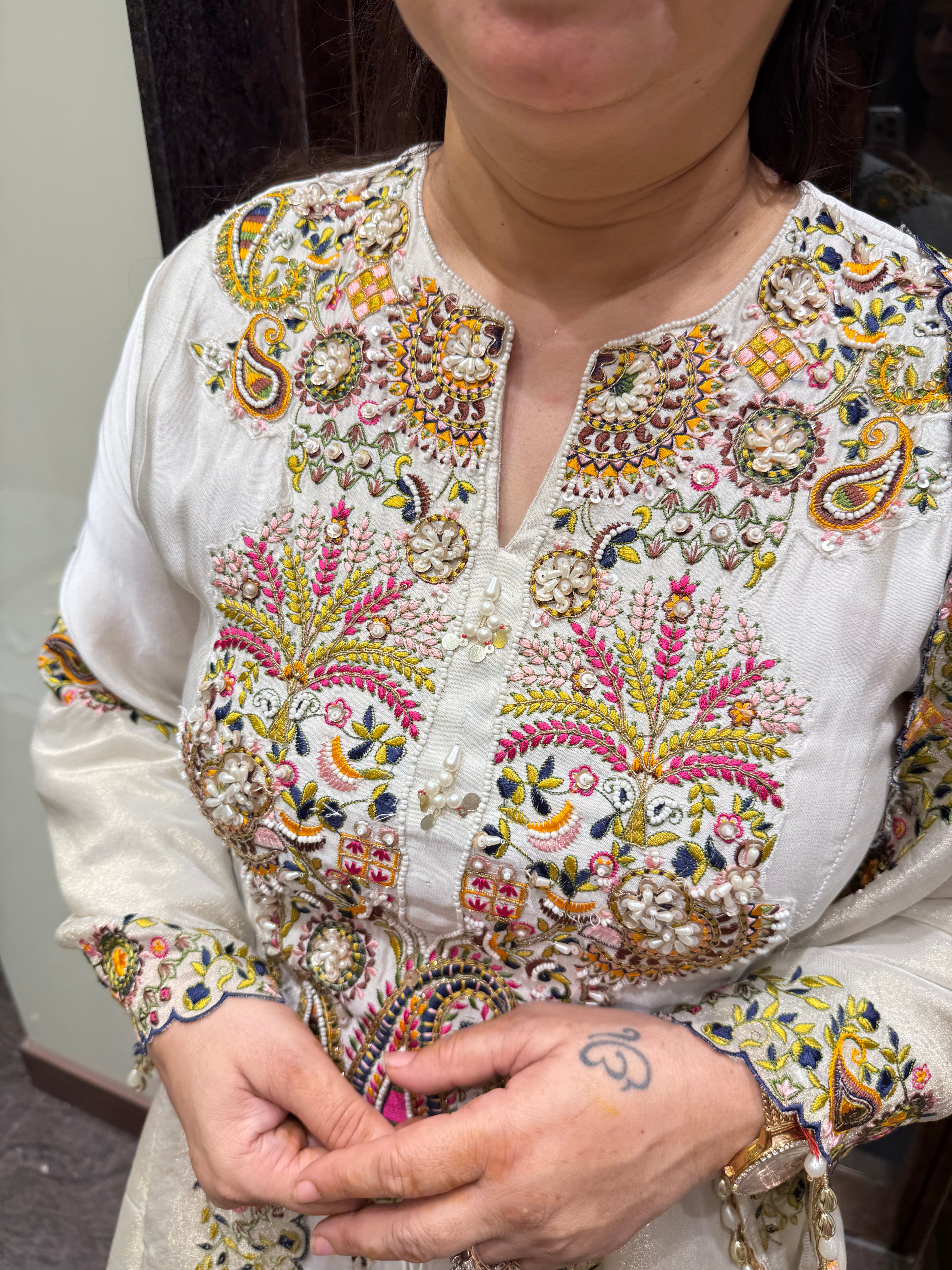 Kashmiri Multi-Thread Embroidered Peplum Suit With Pearl Detailing