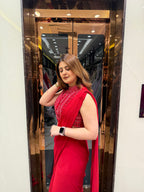 Red cut sleeve handwork blouse with georgette drape saree