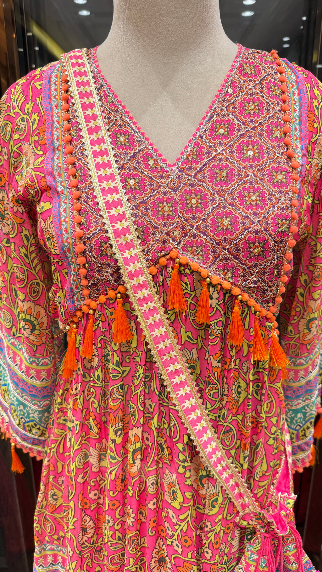 PRINTED PEPLUM KURTA WITH GHARARA & POTLI BAG