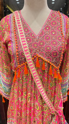 PRINTED PEPLUM KURTA WITH GHARARA & POTLI BAG