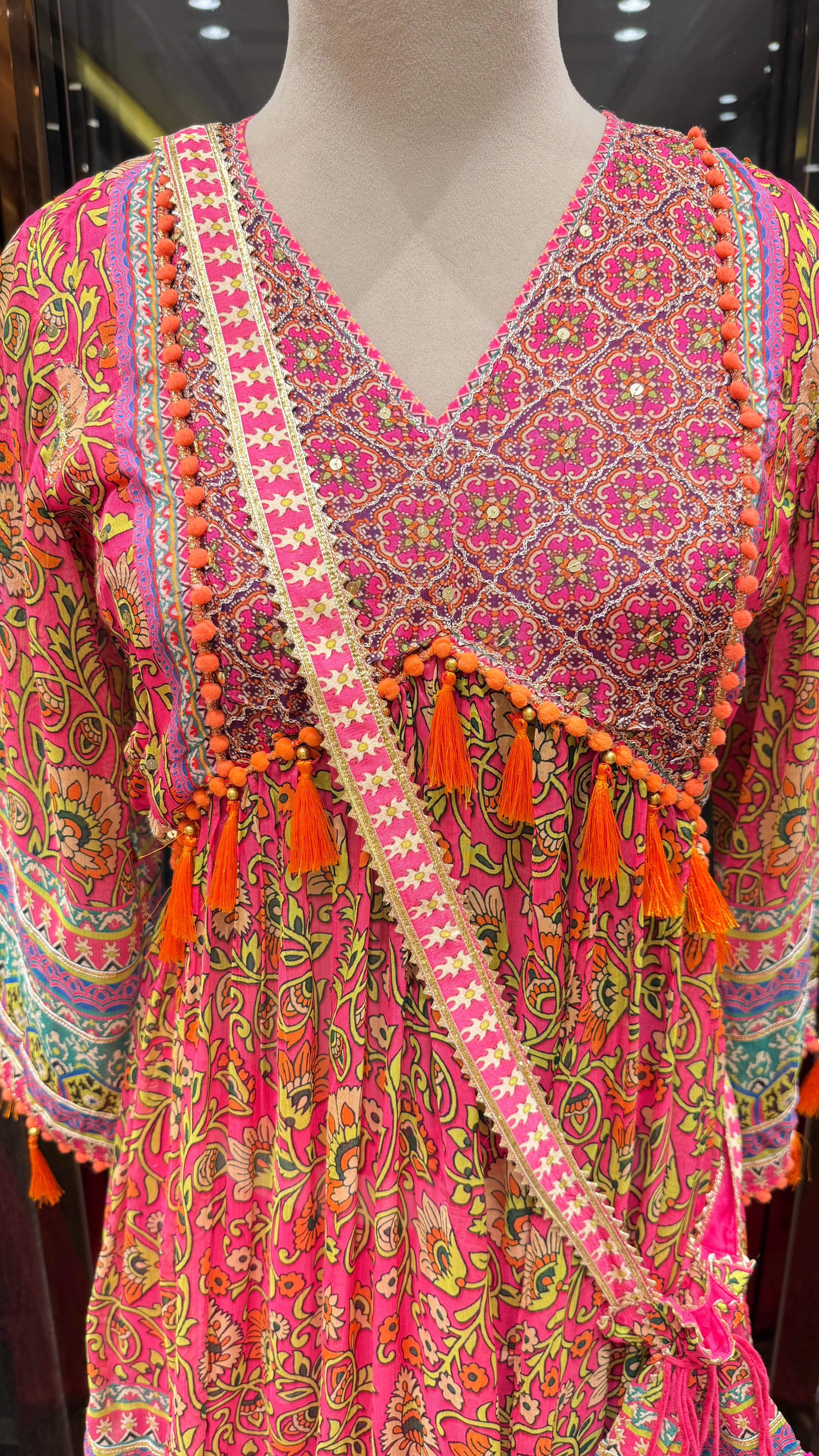 PRINTED PEPLUM KURTA WITH GHARARA & POTLI BAG