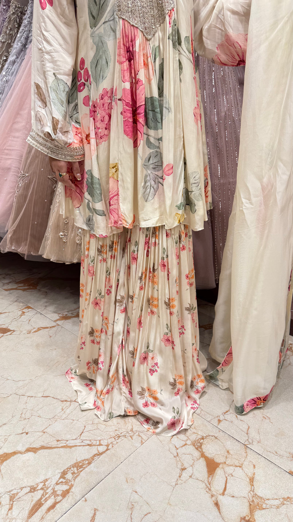 NOYA FLORAL PRINT PEPLUM SHIRT & GHARARA SUIT
