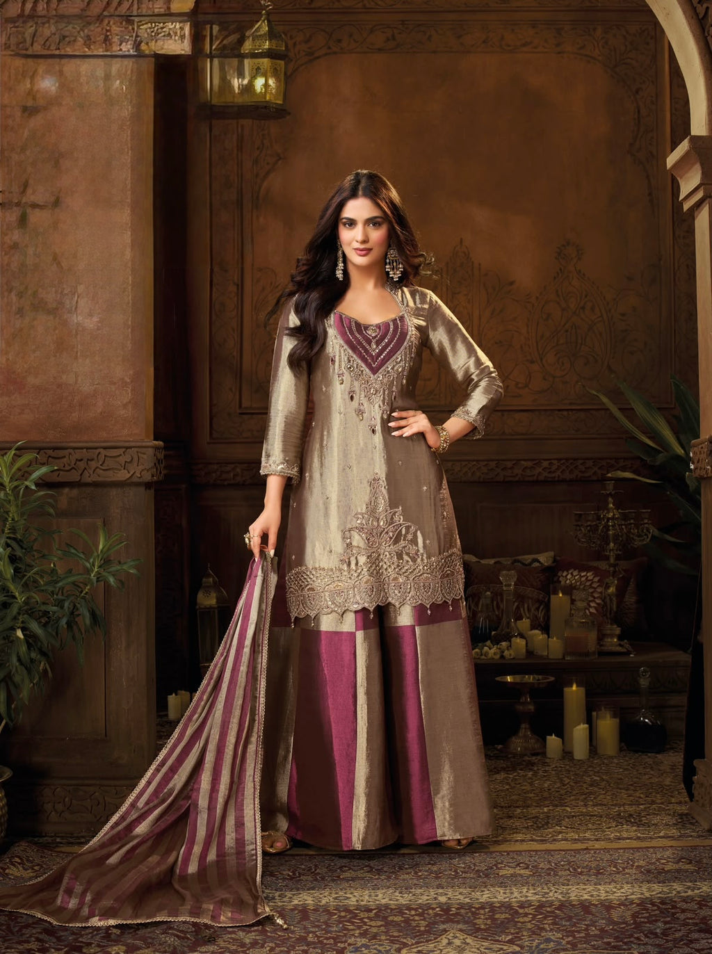 PLUM TISSUE SHARARA SUIT