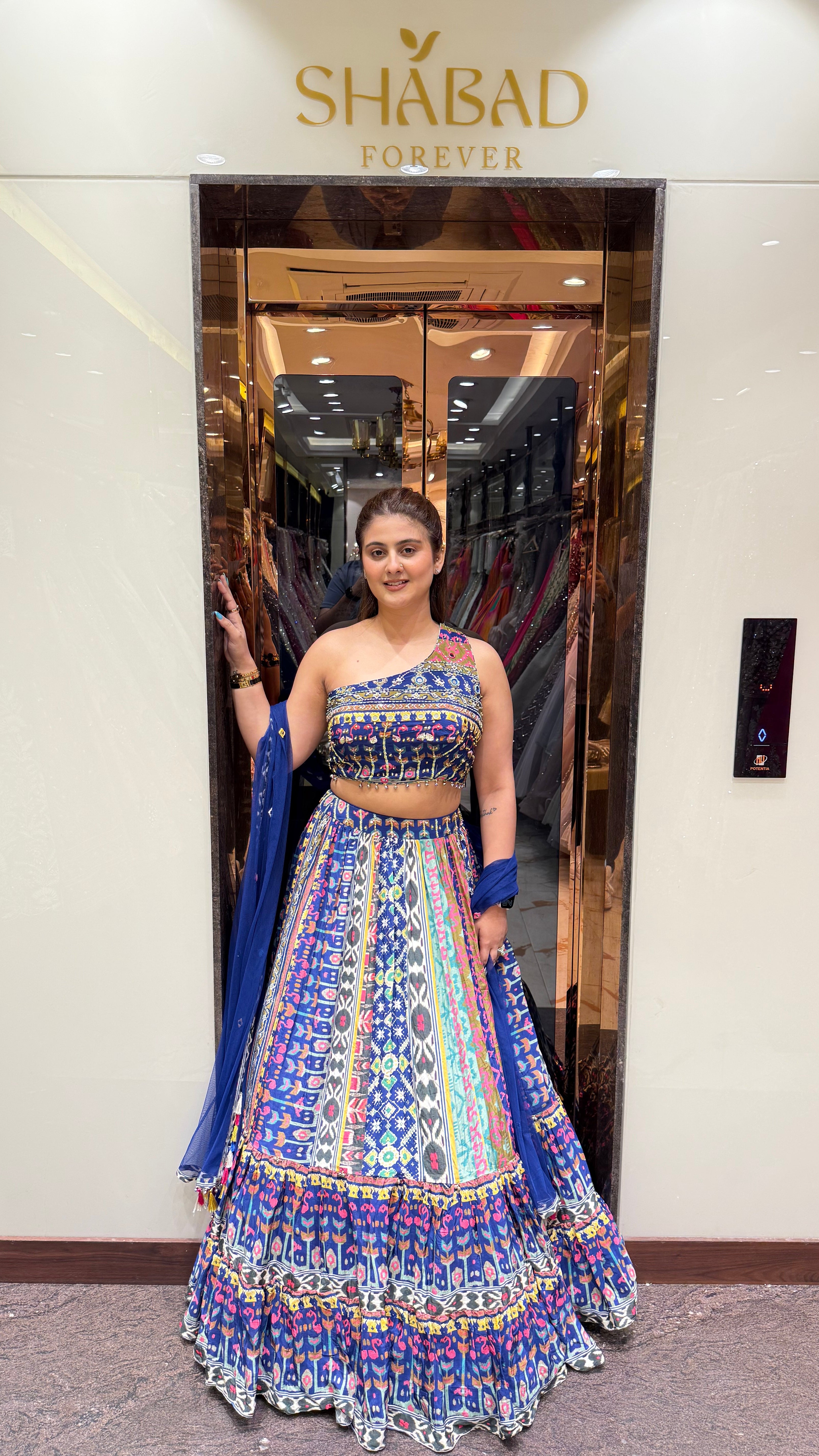 Printed Blue One Shoulder Lehenga