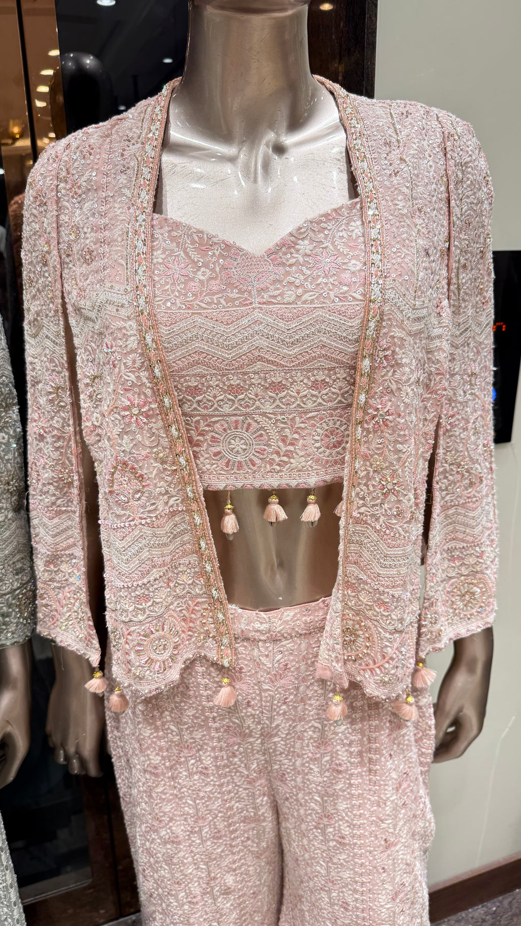 EMBROIDERED OPEN JACKET WITH CROP TOP & PALAZZO