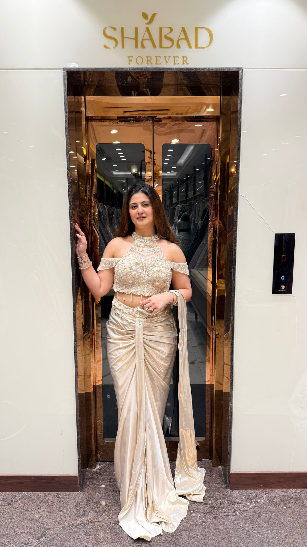 Ivory Cold Shoulder Metallic Drape Saree