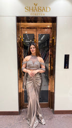 Grey Cold Shoulder Metallic Drape Saree