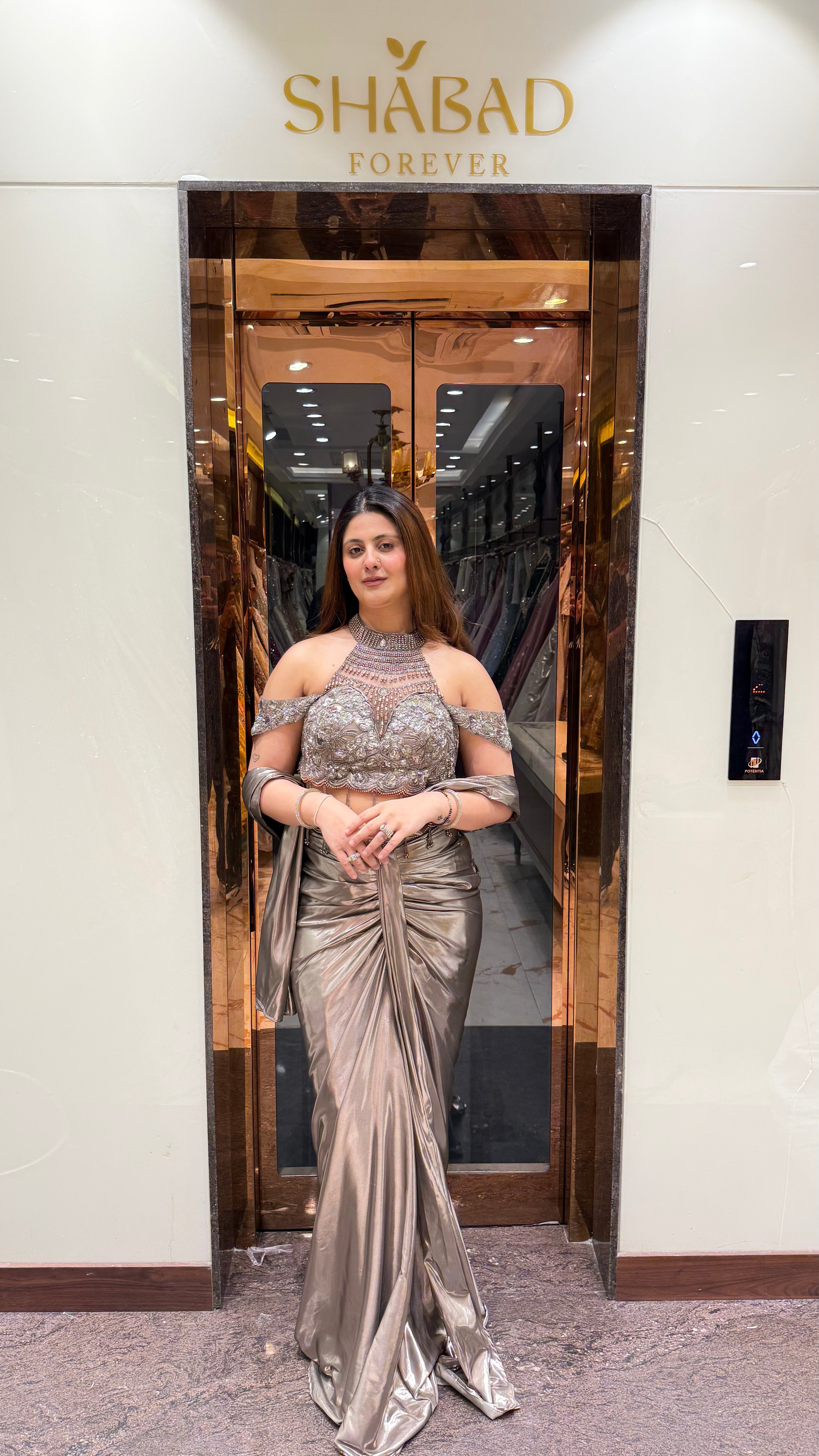 Grey Cold Shoulder Metallic Drape Saree