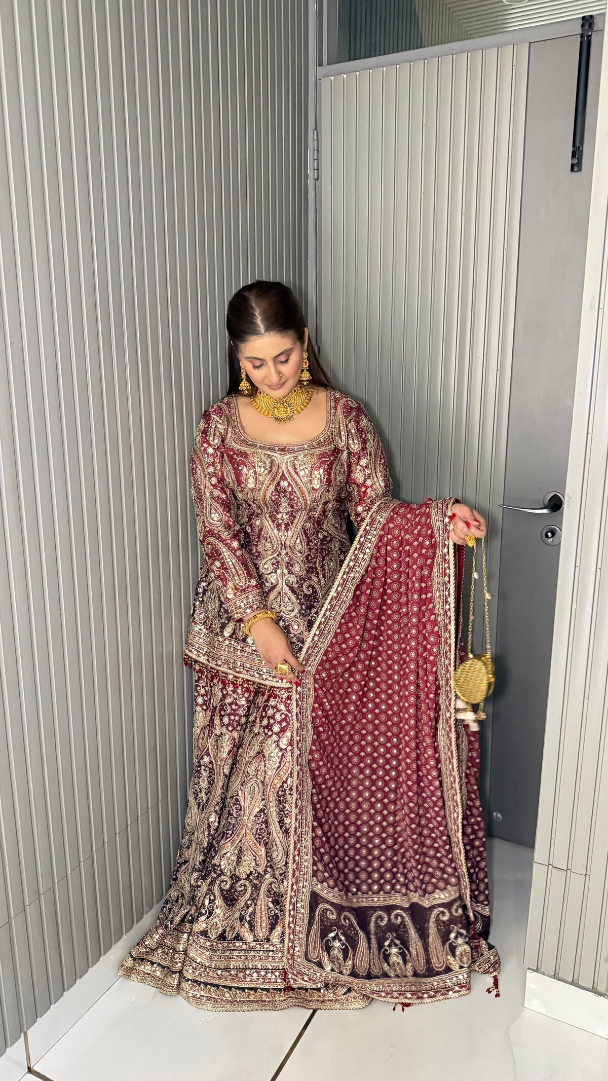 JODHA- WINE HERITAGE PAISLEY SHARARA SUIT