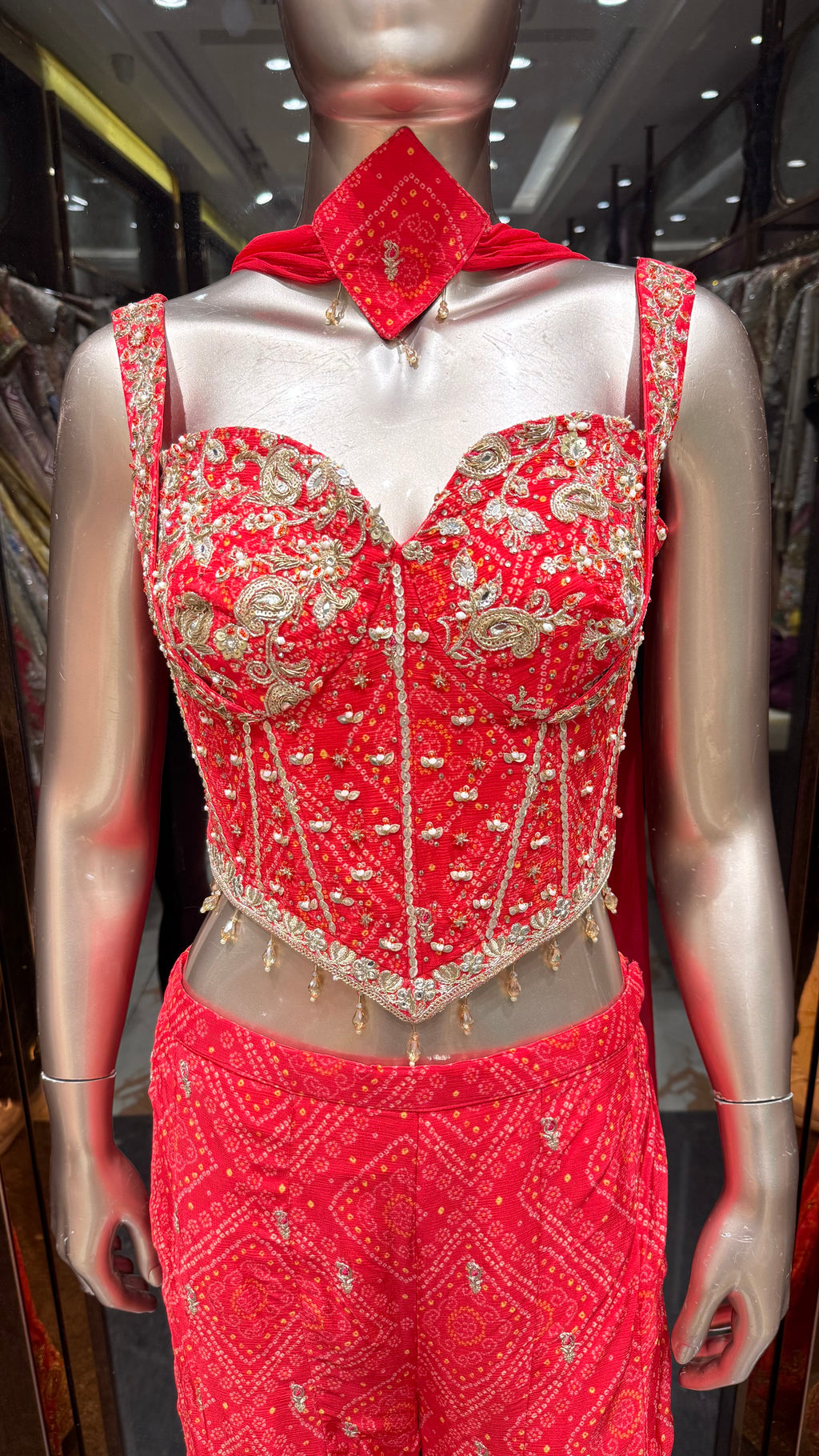 ZARI BANDHEJ CORSET WITH BELL BOTTOM