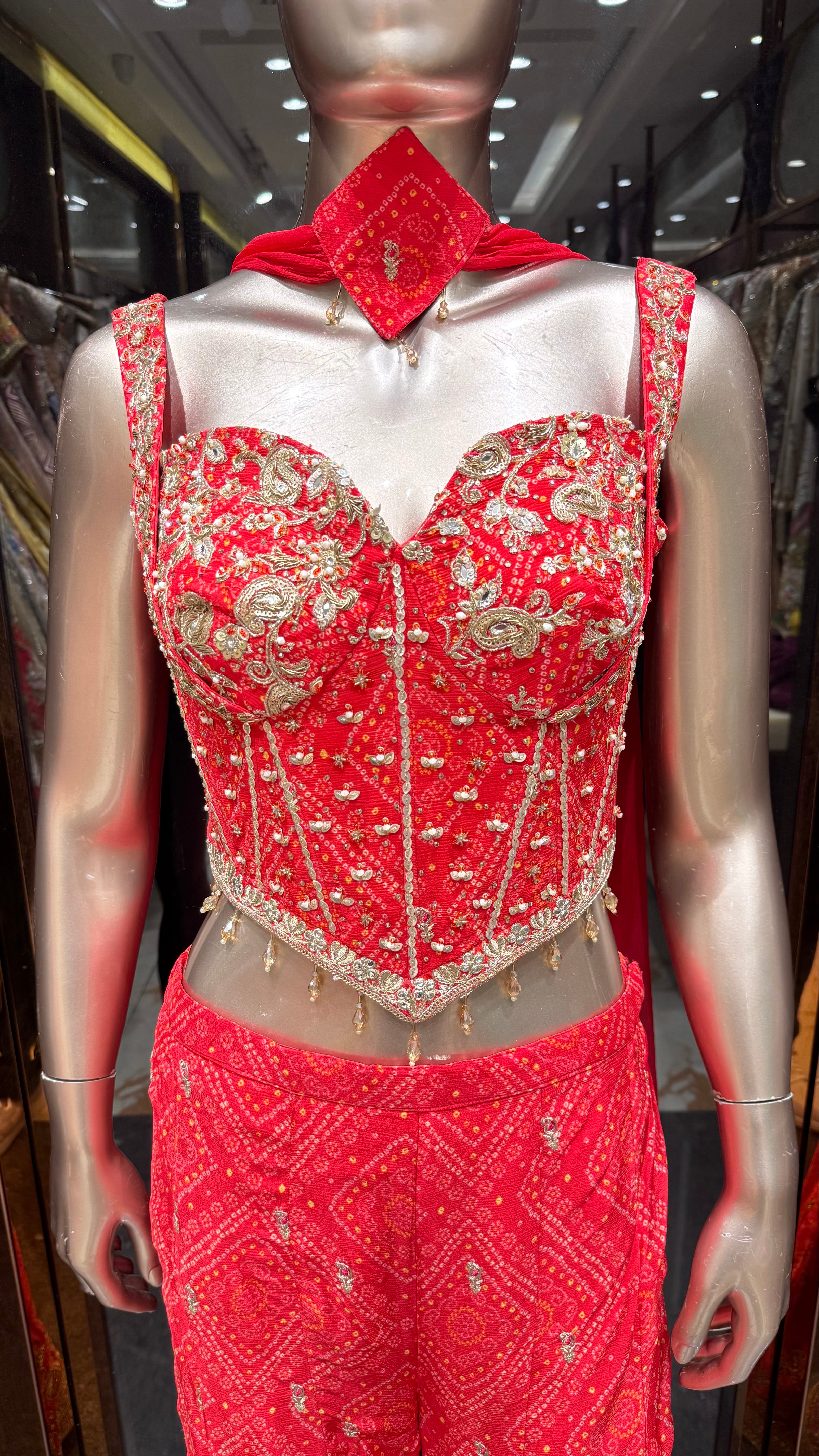ZARI BANDHEJ CORSET WITH BELL BOTTOM