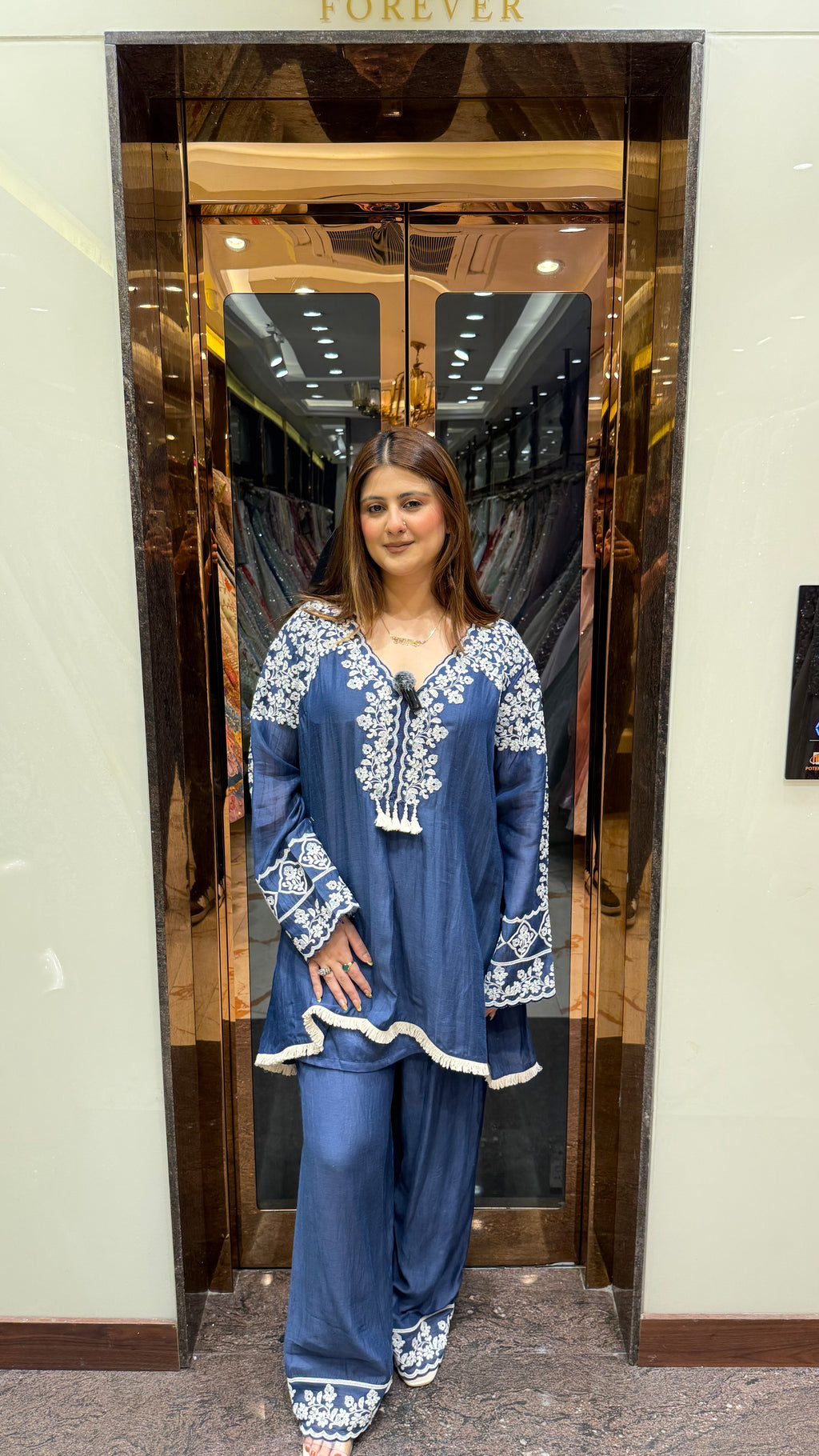 Mul cotton sleeve and neckline embroidered coordset