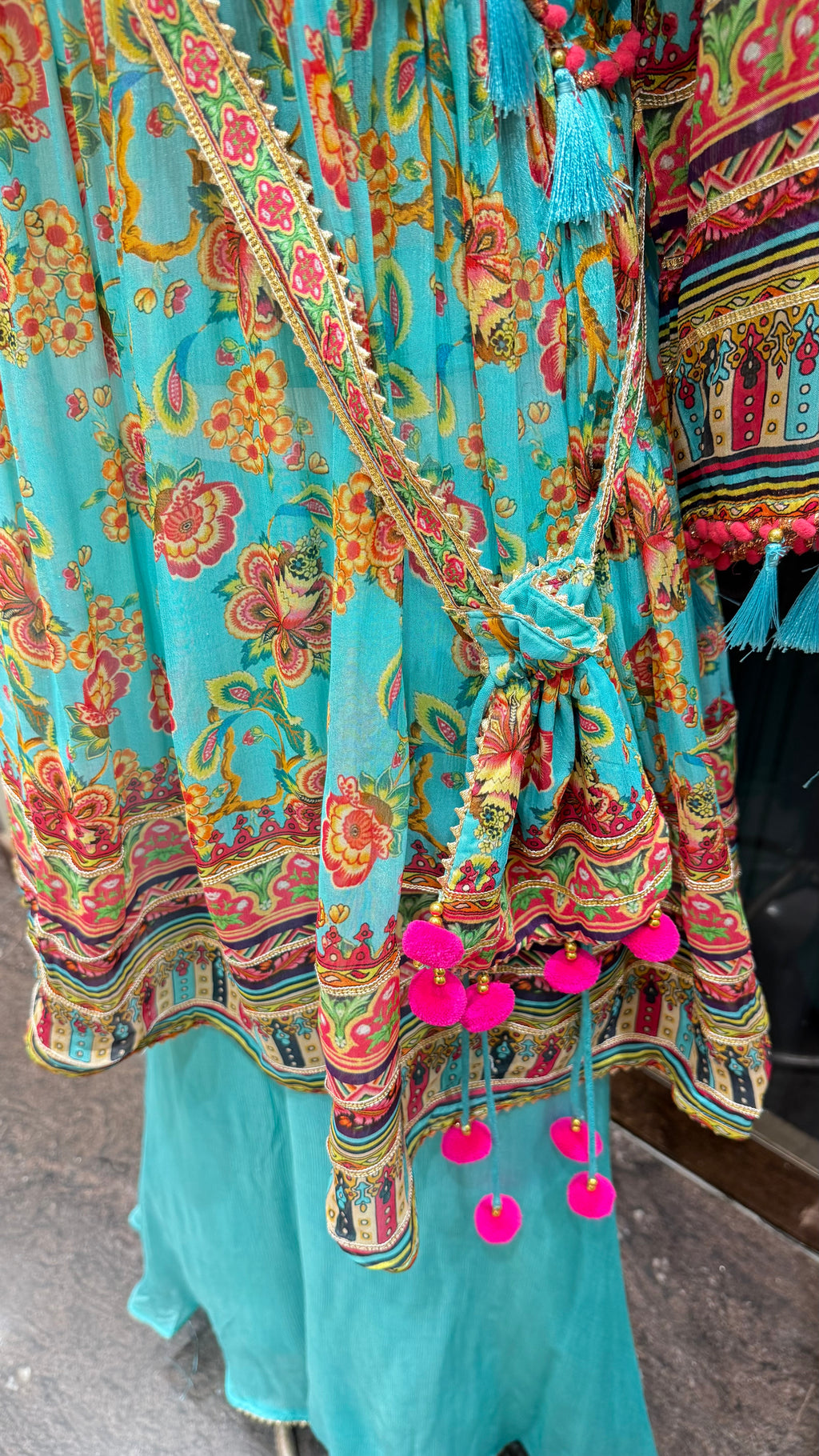 PRINTED PEPLUM KURTA WITH GHARARA & POTLI BAG