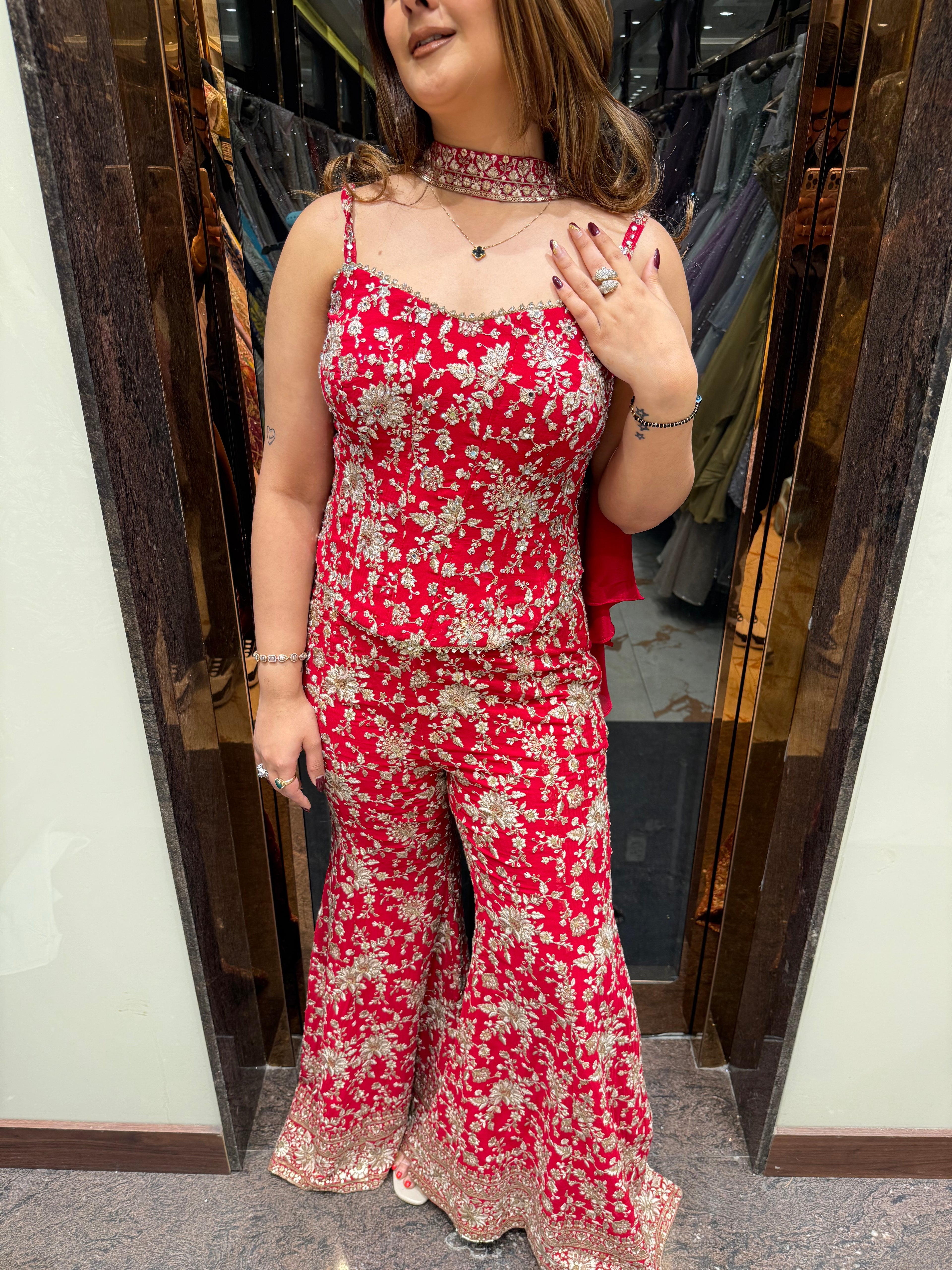 Thread and hand embroidered backless corset with pants and choker duppatta