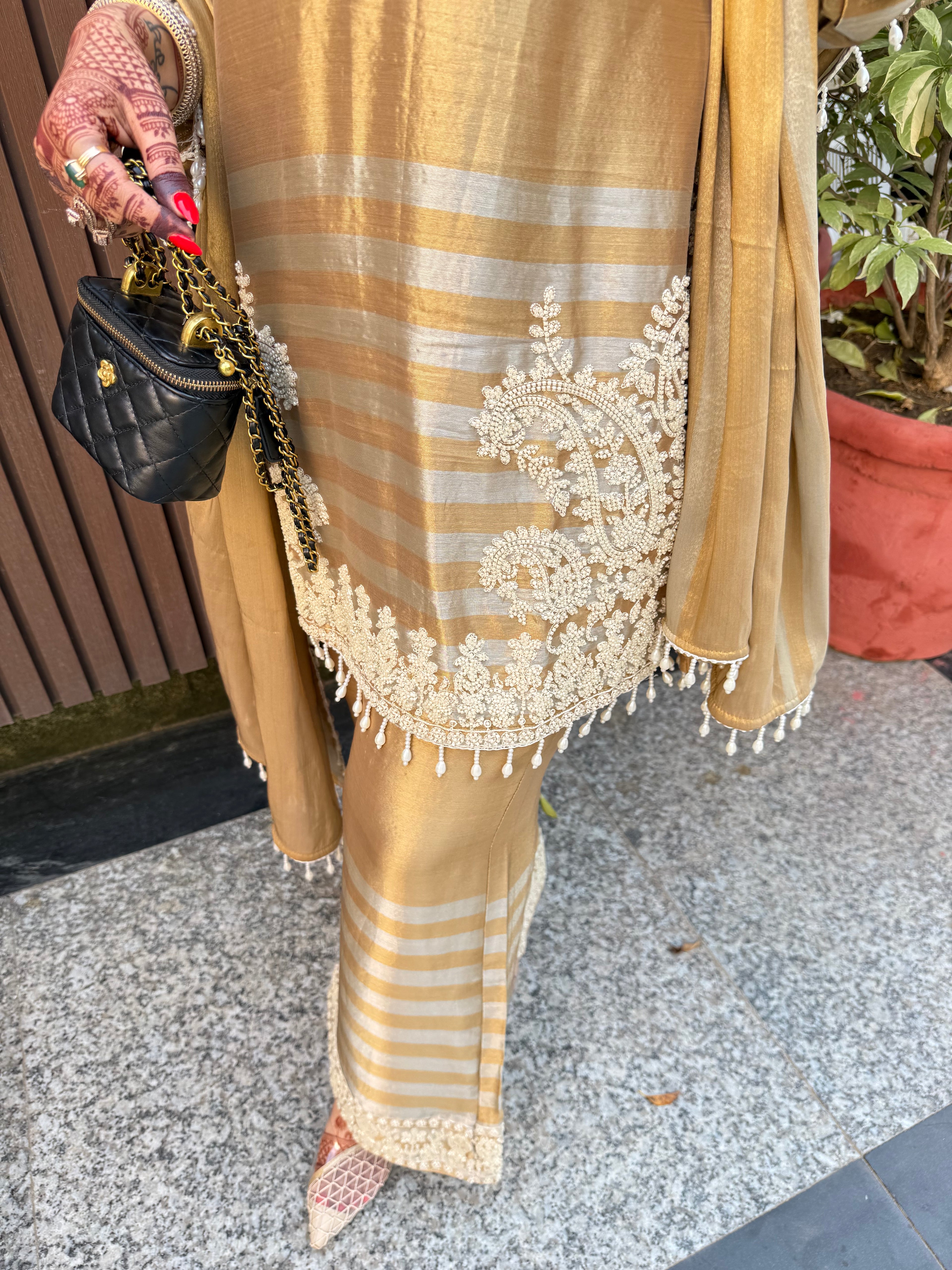 Gold Dual Shade Pearl Hand Embroidered Suit