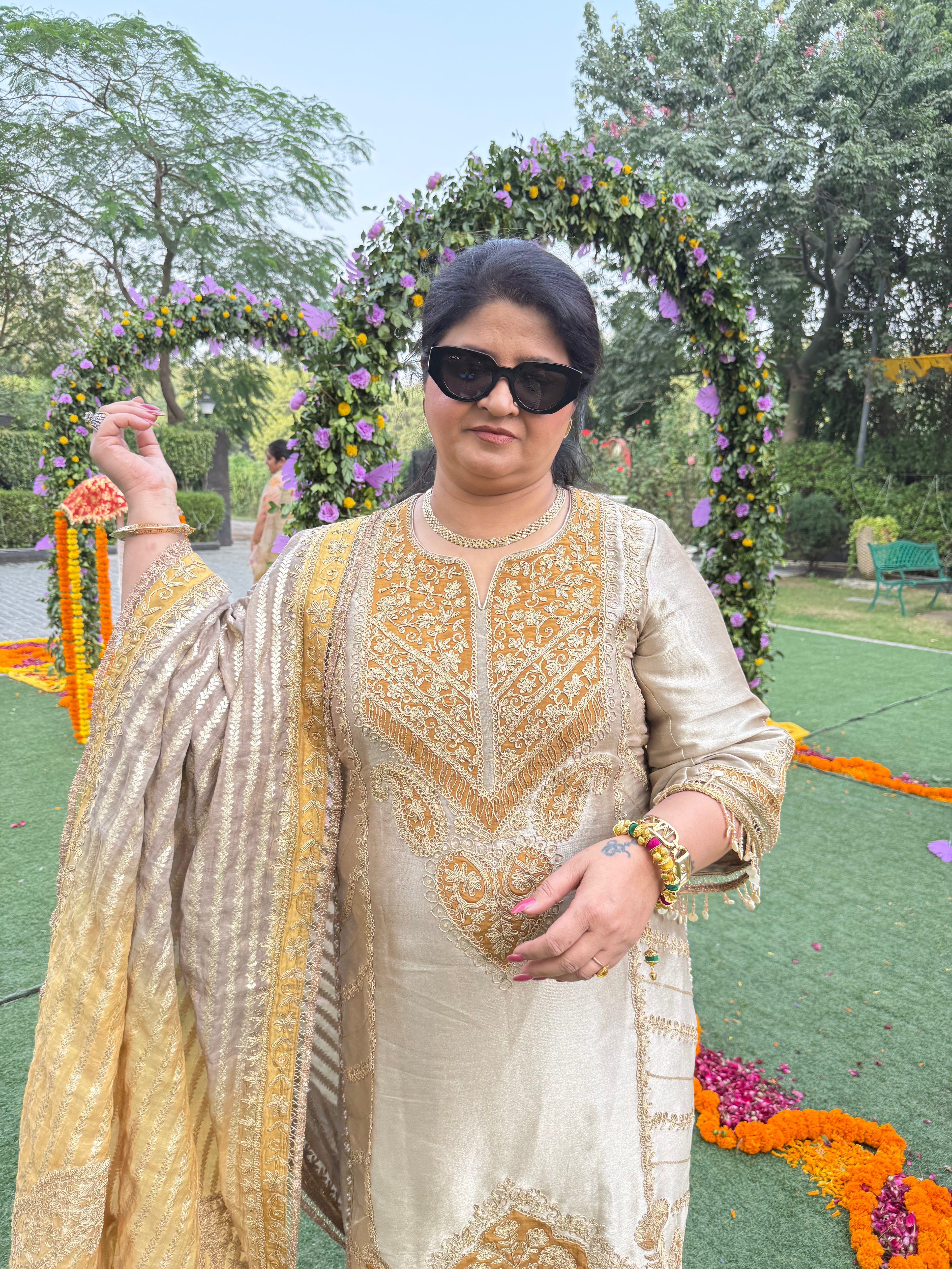 Shimmer tissue colourblock designer unstitched suit