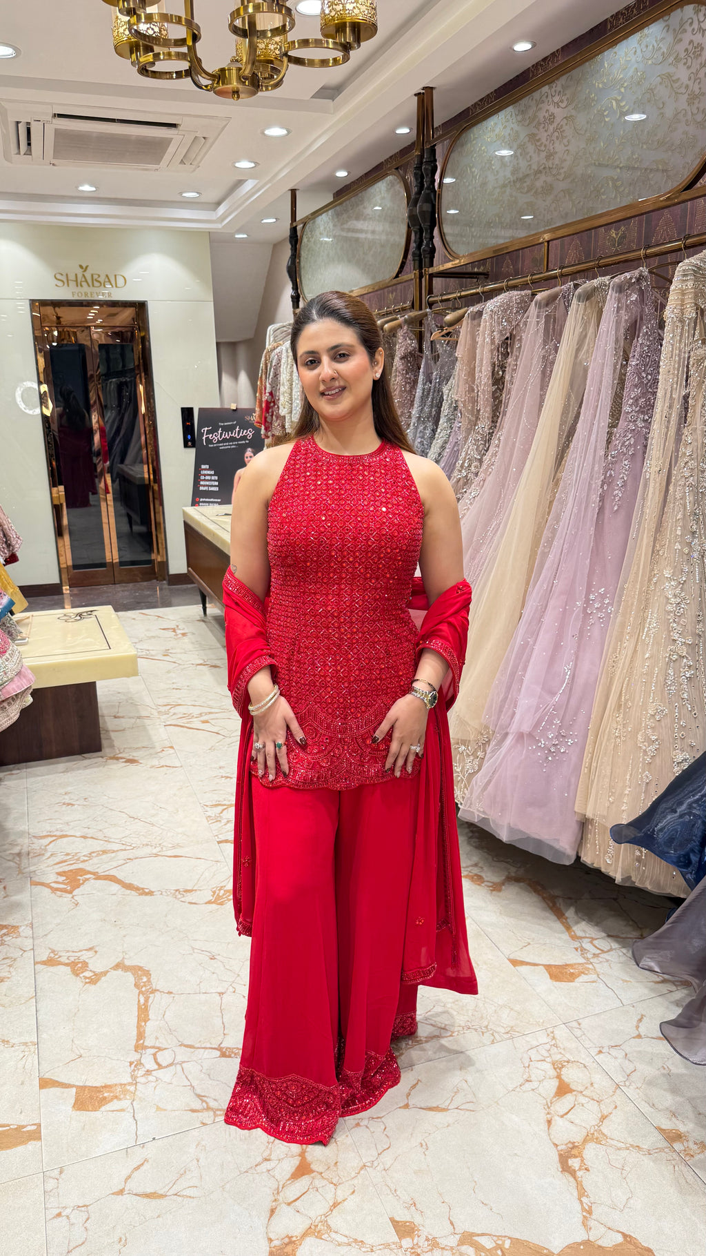 AVA RED HALTER HAND EMBROIDERED SHARARA SET