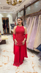 AVA RED HALTER HAND EMBROIDERED SHARARA SET
