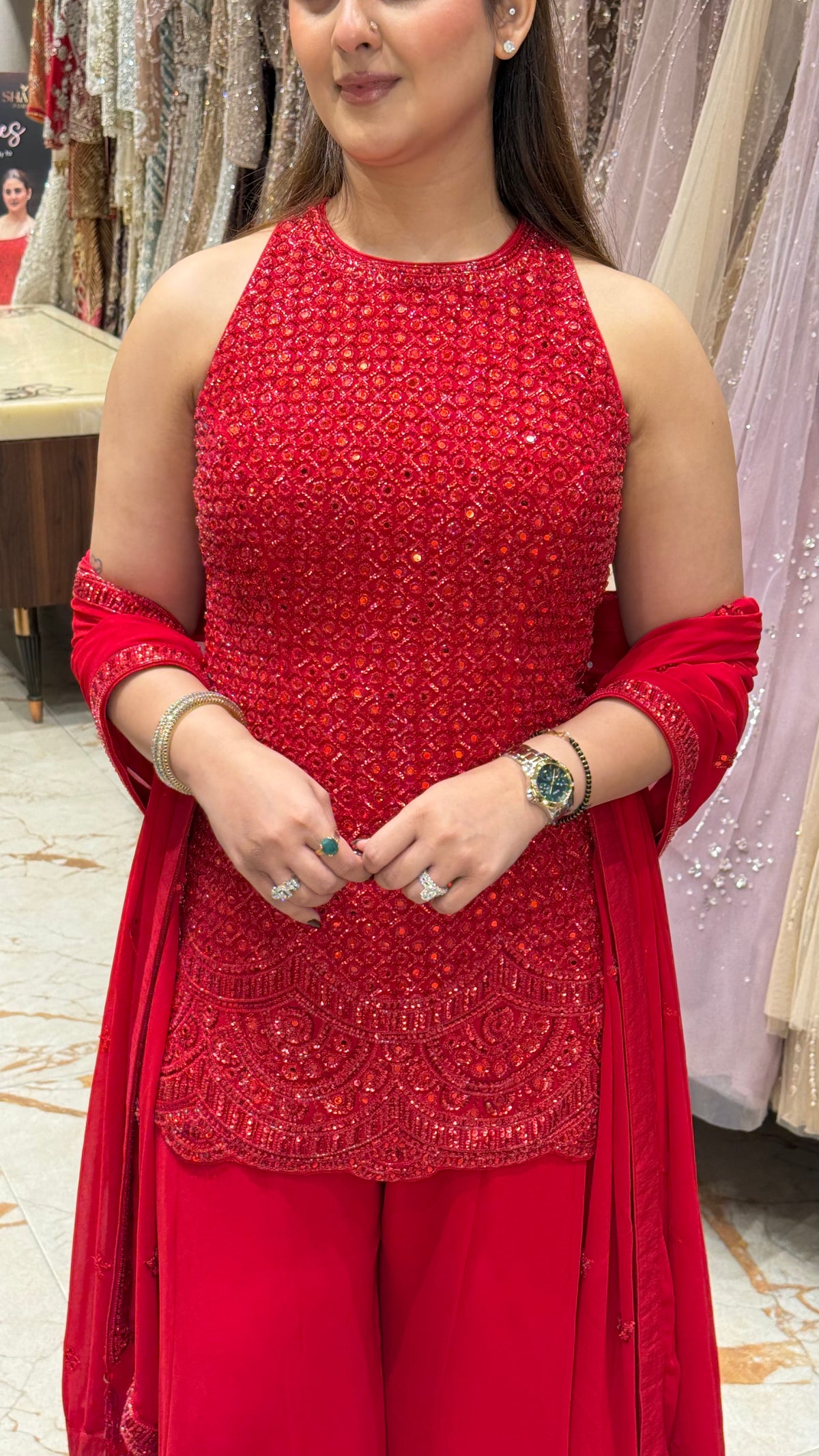 AVA RED HALTER HAND EMBROIDERED SHARARA SET