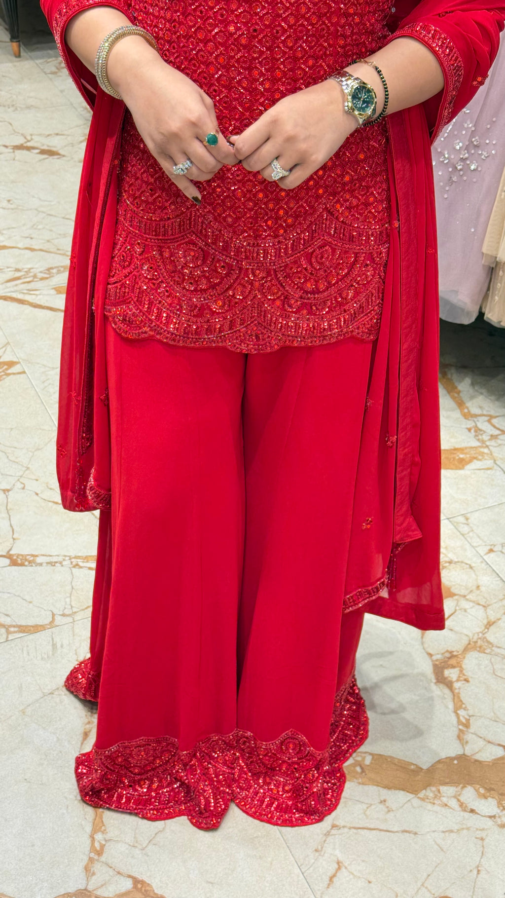 AVA RED HALTER HAND EMBROIDERED SHARARA SET