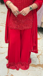 AVA RED HALTER HAND EMBROIDERED SHARARA SET