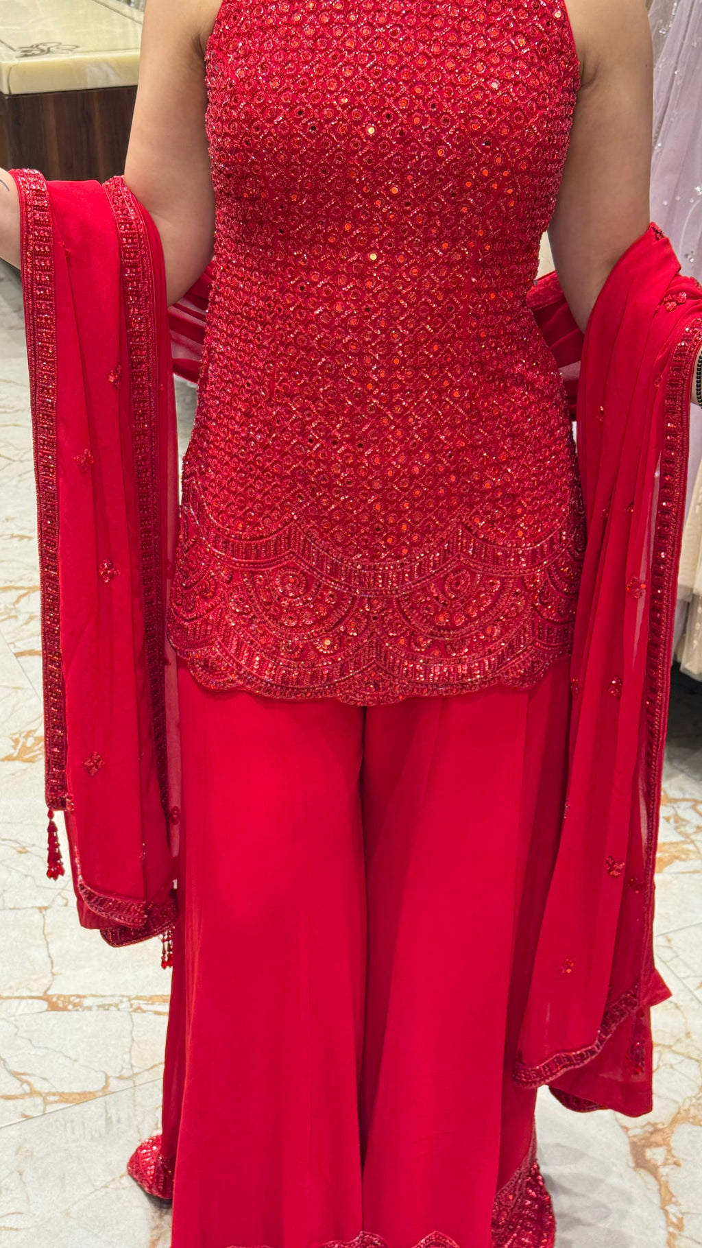 AVA RED HALTER HAND EMBROIDERED SHARARA SET