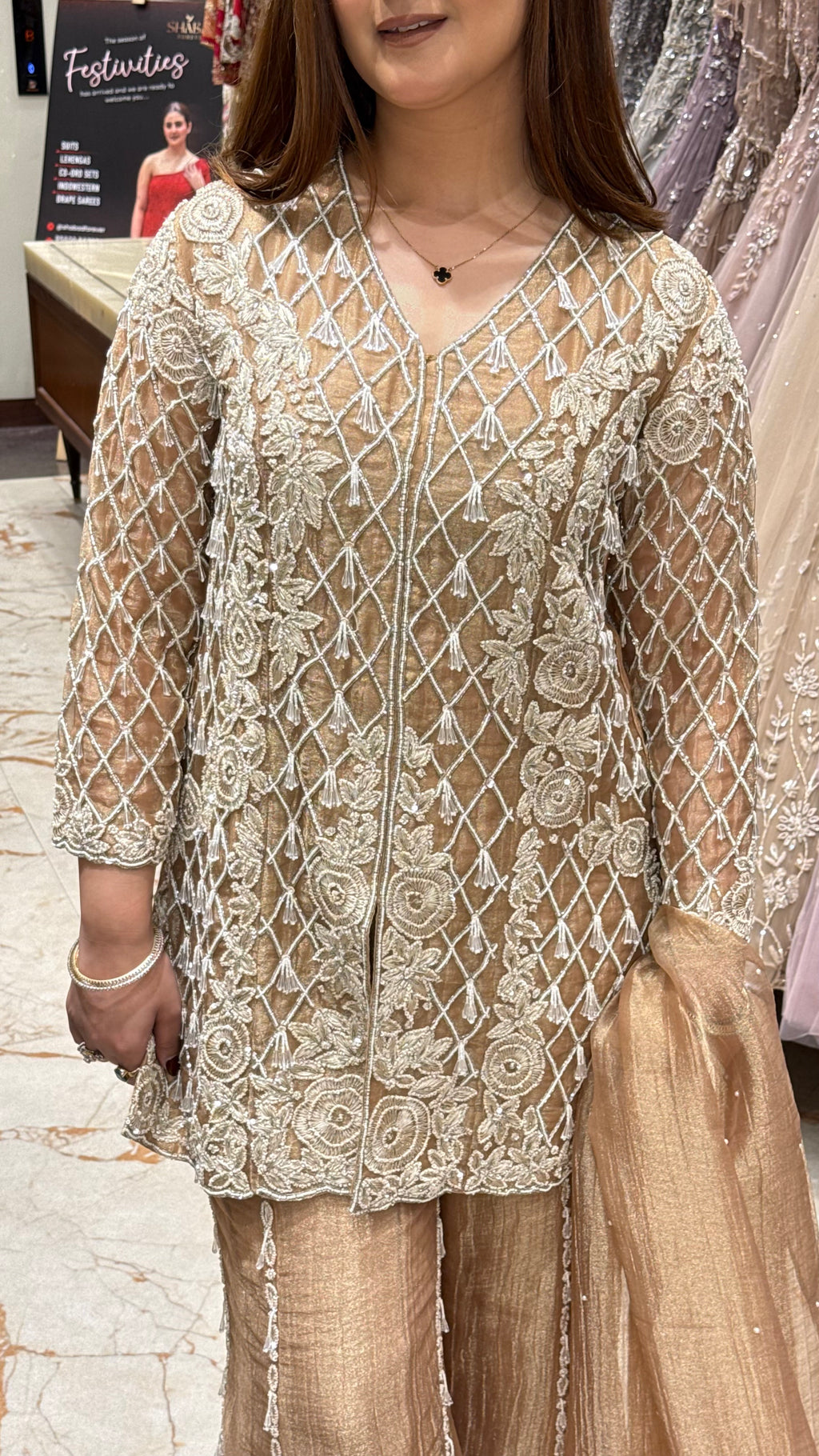 ZARIYA TISSUE SHARARA SET WITH PEARL DETAILING