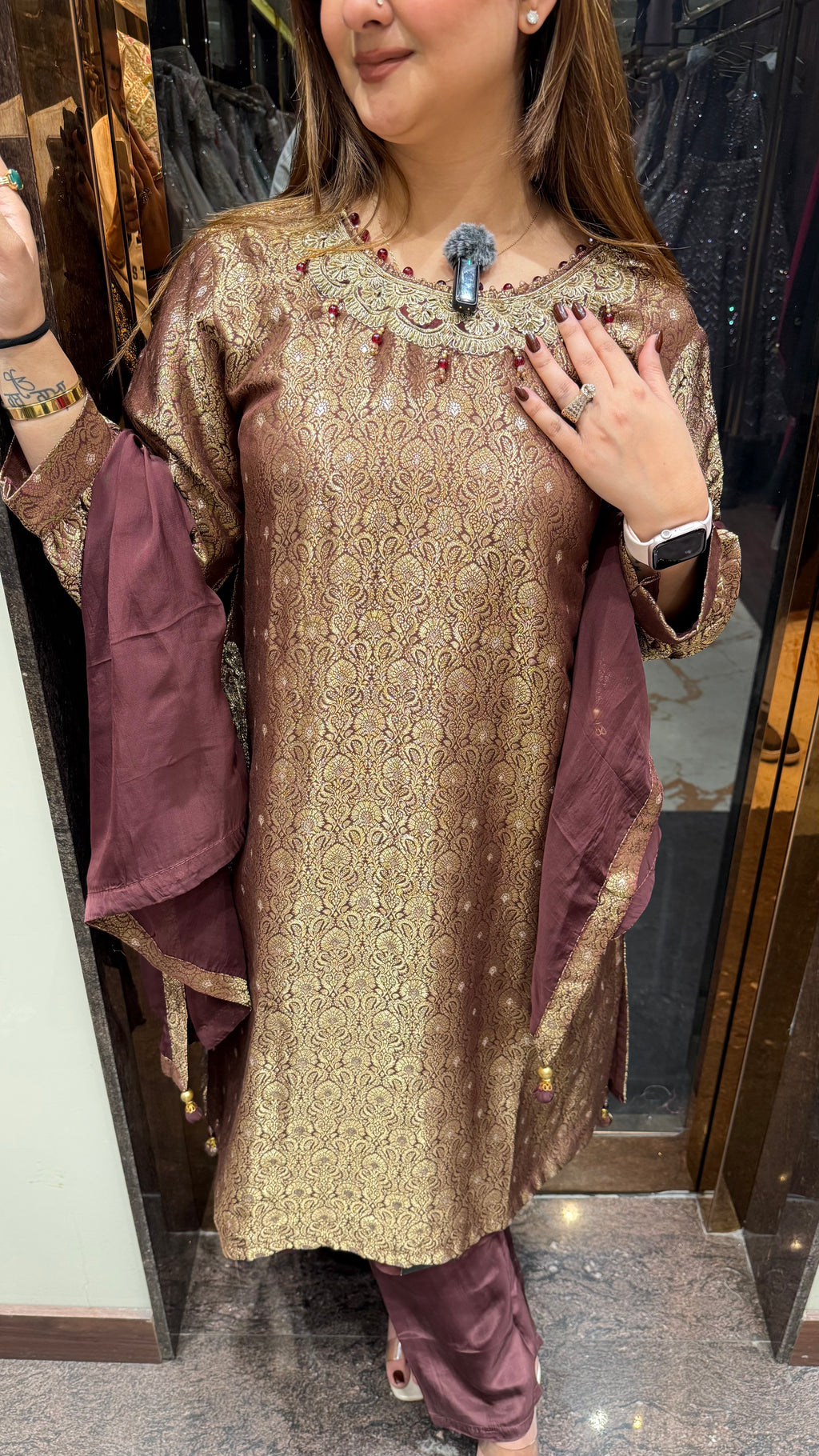 Brocade Suit With Handwork Neckline