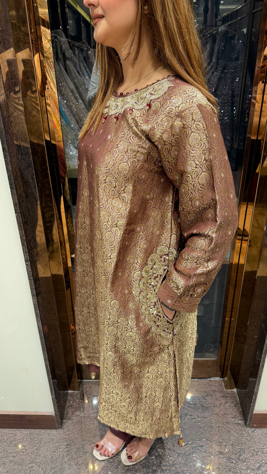 Brocade Suit With Handwork Neckline