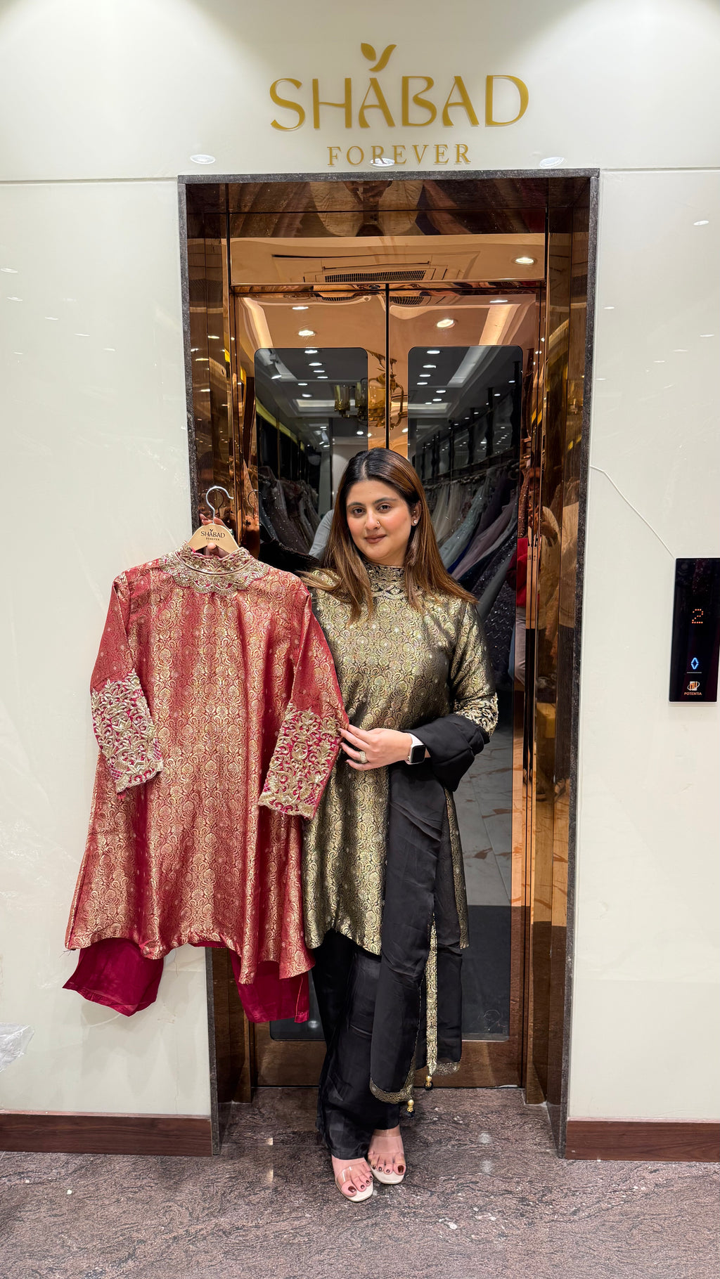 Brocade Suit With Handwork Sleeve And Neckline