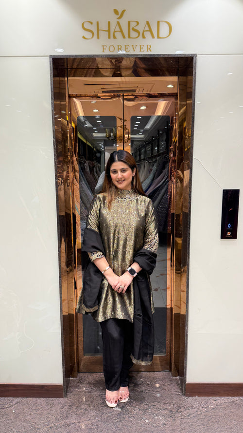 Brocade Suit With Handwork Sleeve And Neckline