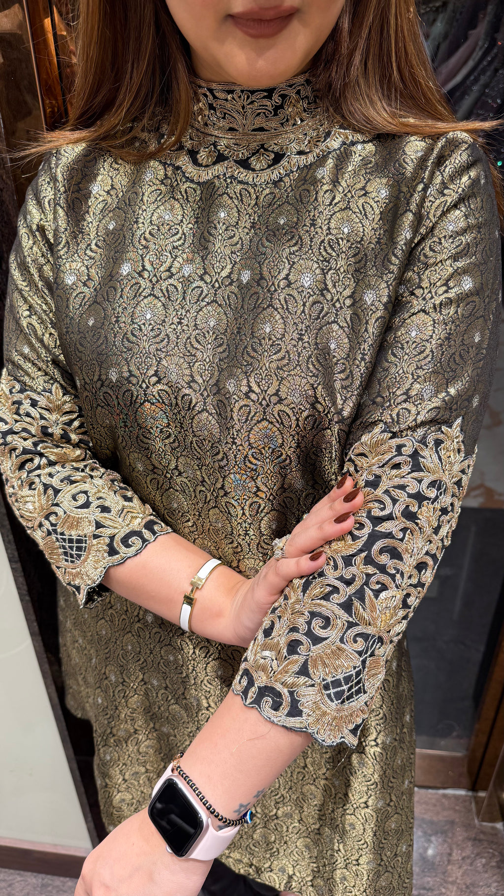 Brocade Suit With Handwork Sleeve And Neckline
