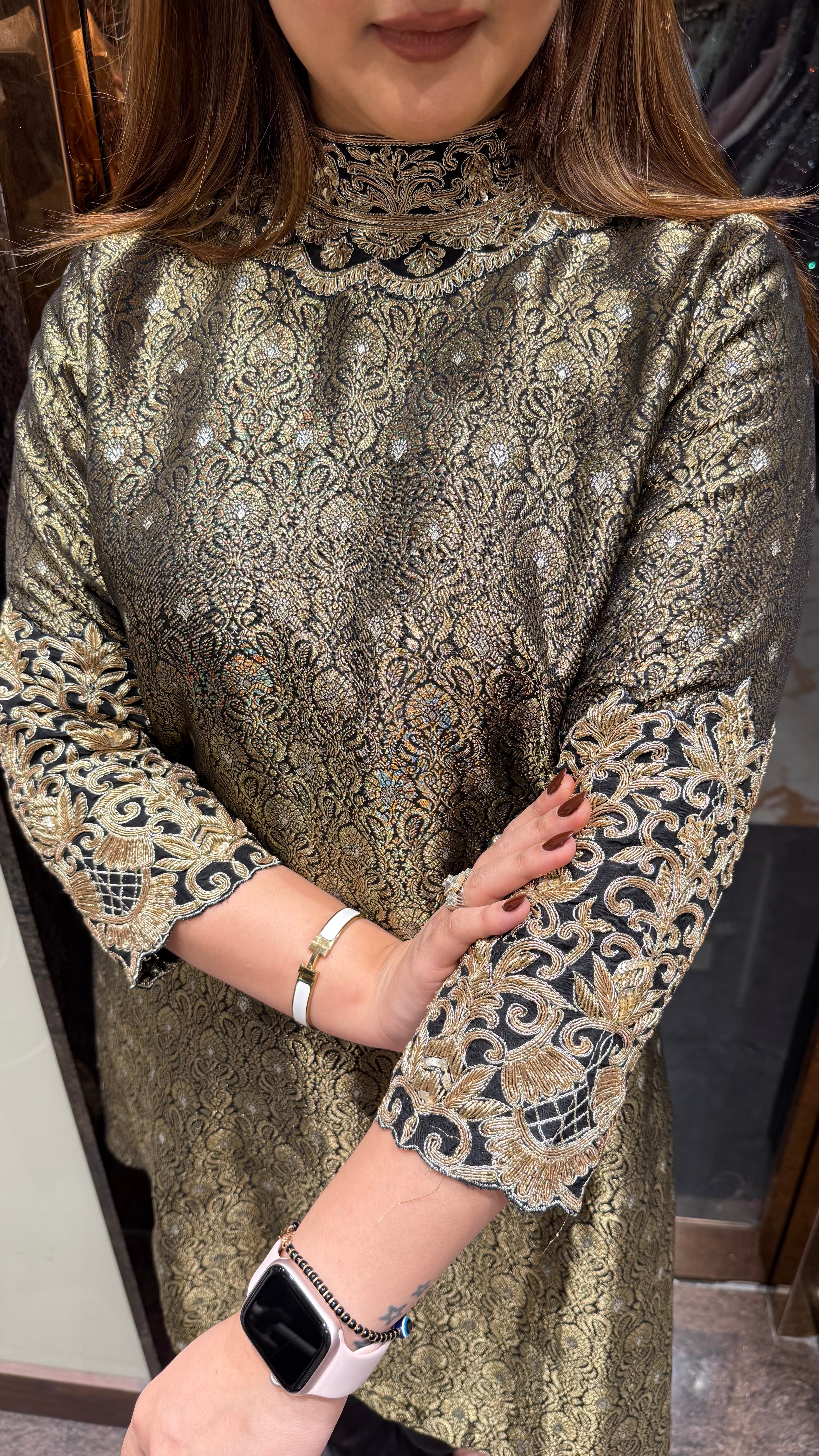 Brocade Suit With Handwork Sleeve And Neckline