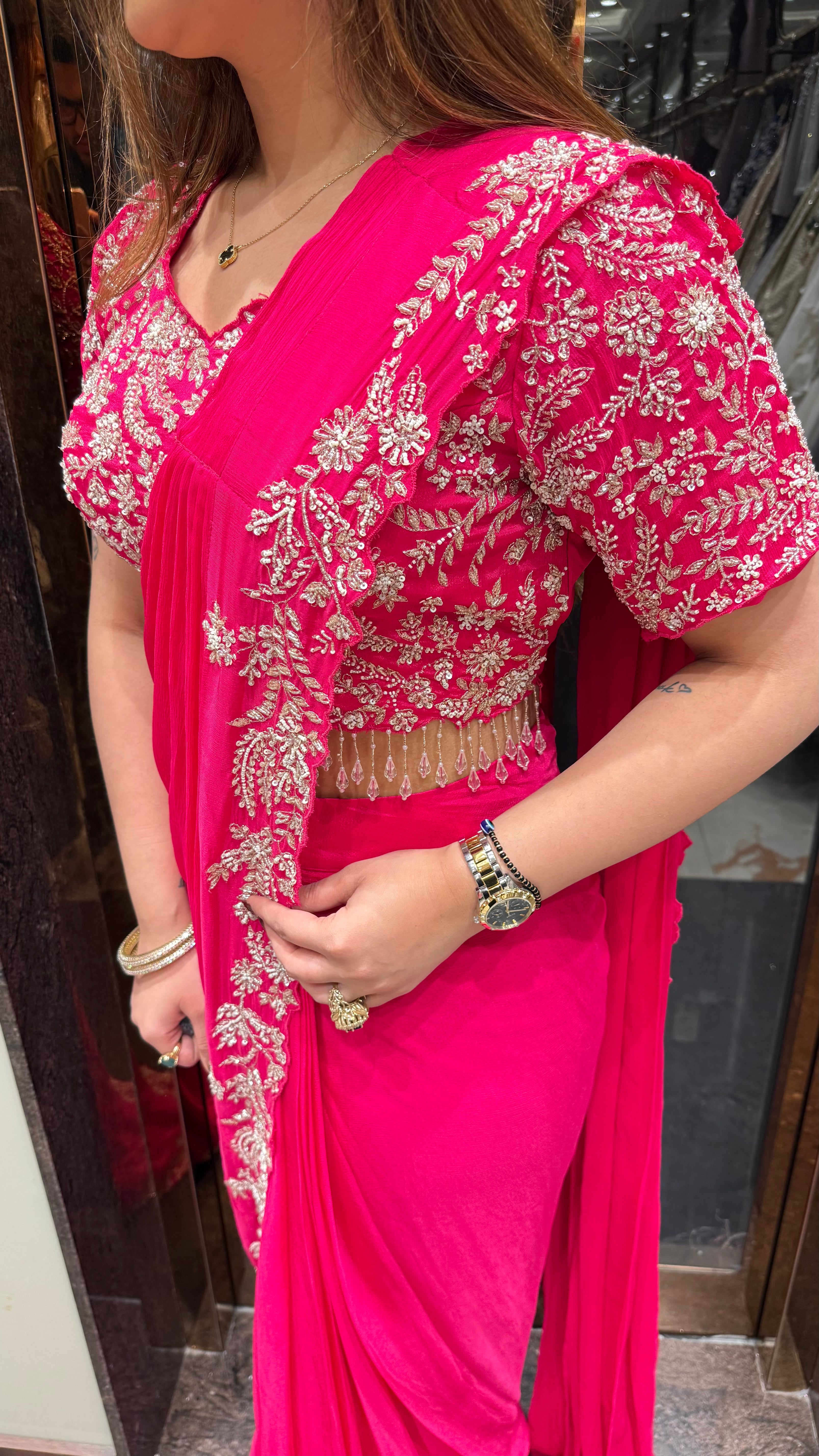 Chinon Drape Saree With Handwork