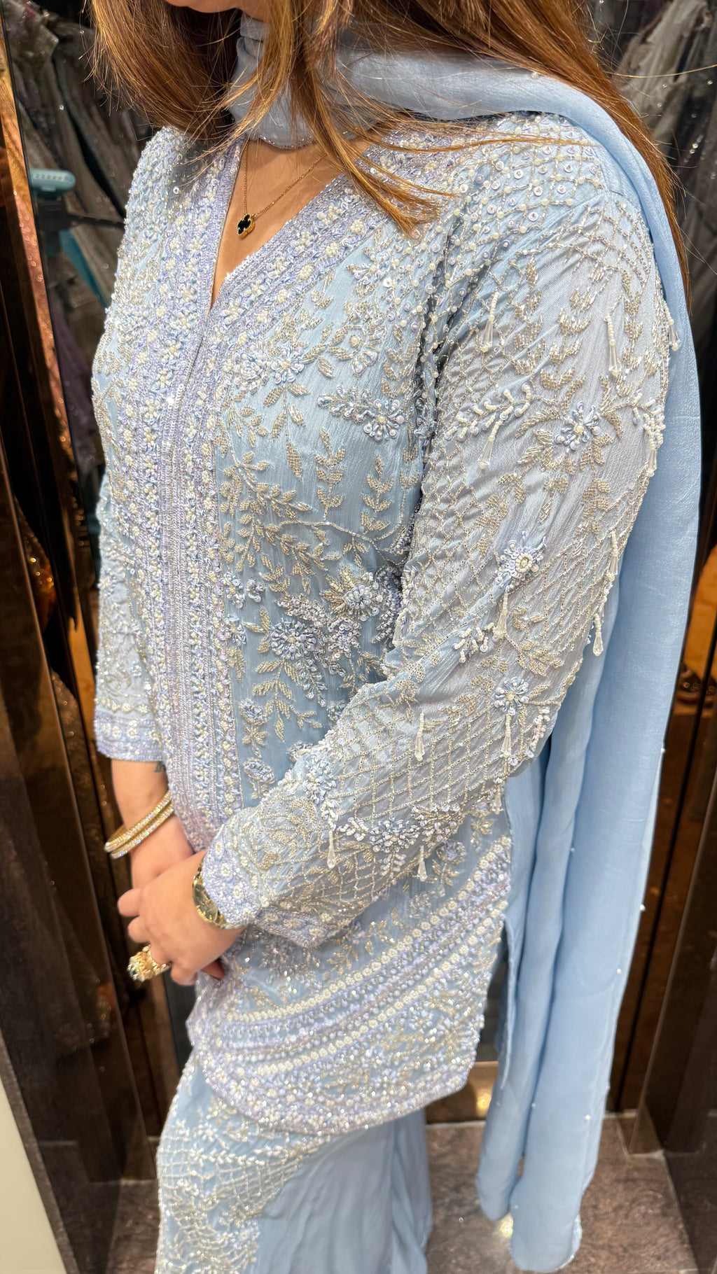 Front Cut Chinon Pearl & Katana Handwork Suit