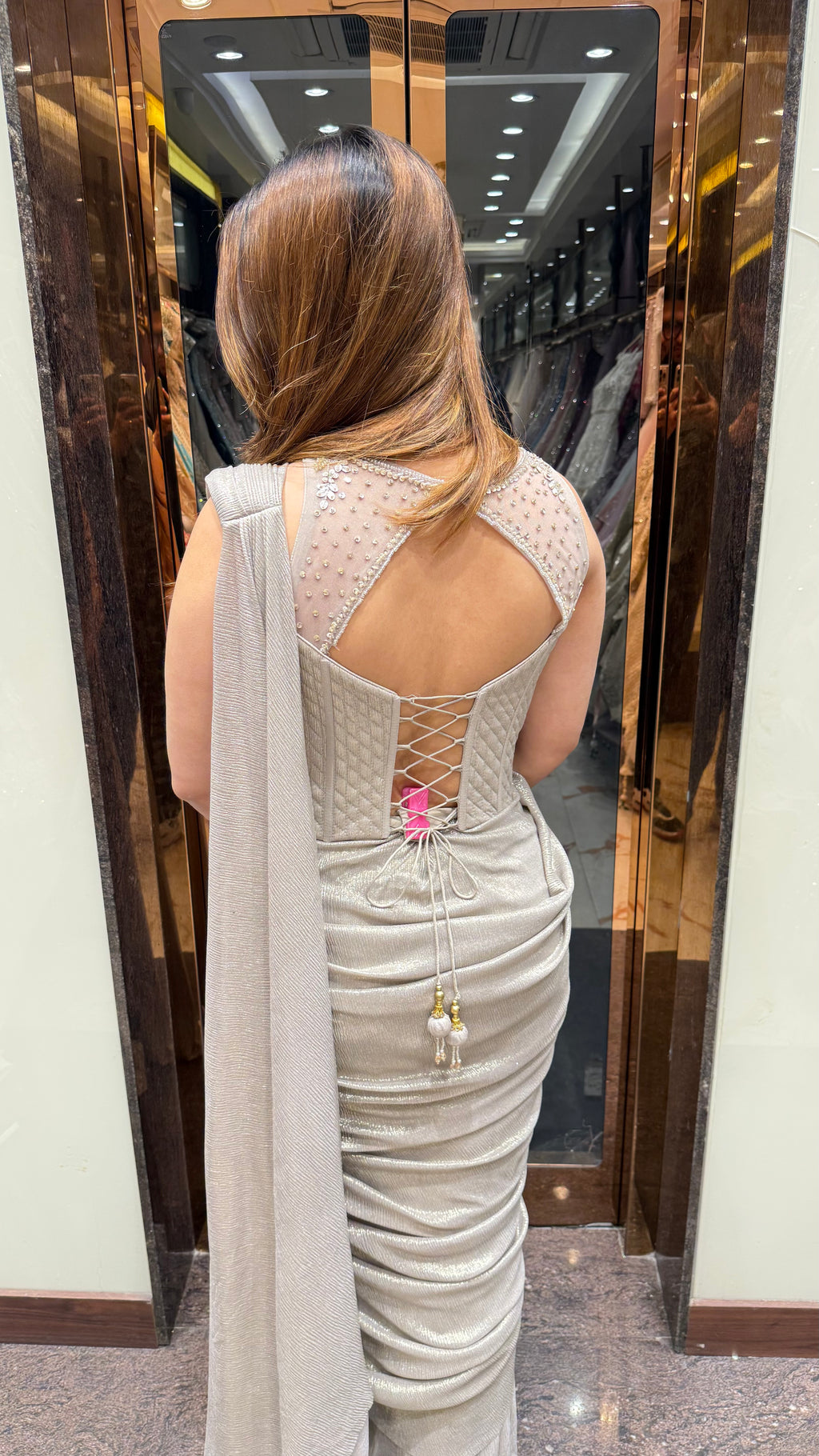 Grey Shimmer Lycra Drape Saree With Handwork Corset Blouse