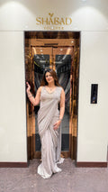 Grey Shimmer Lycra Drape Saree With Handwork Corset Blouse