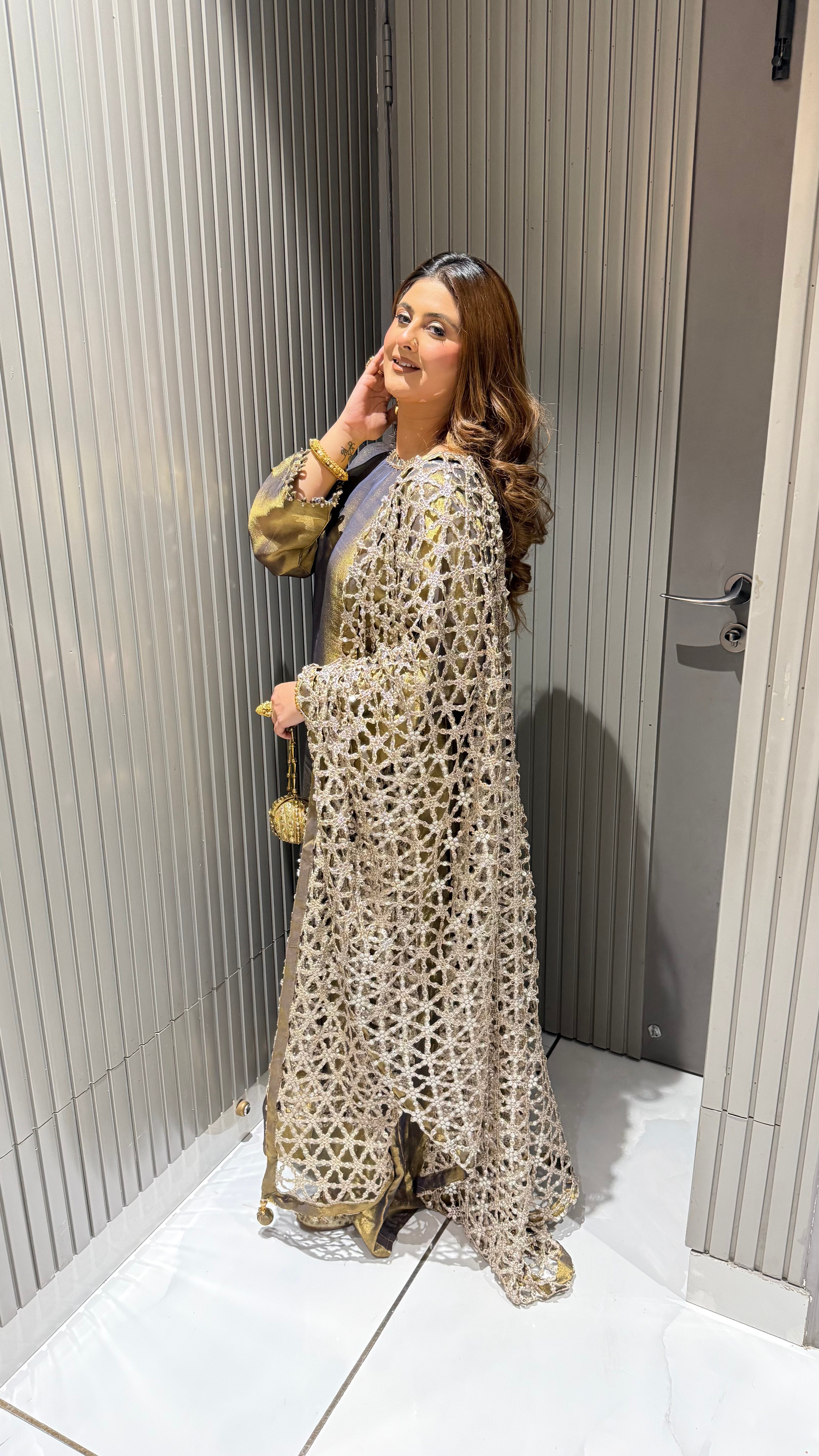 Shimmer Tissue Suit with Laser Cut Duppatta