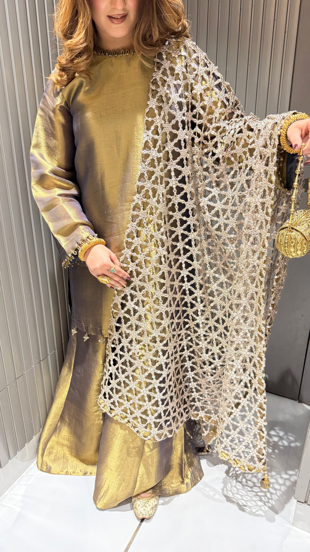 Shimmer Tissue Suit with Laser Cut Duppatta