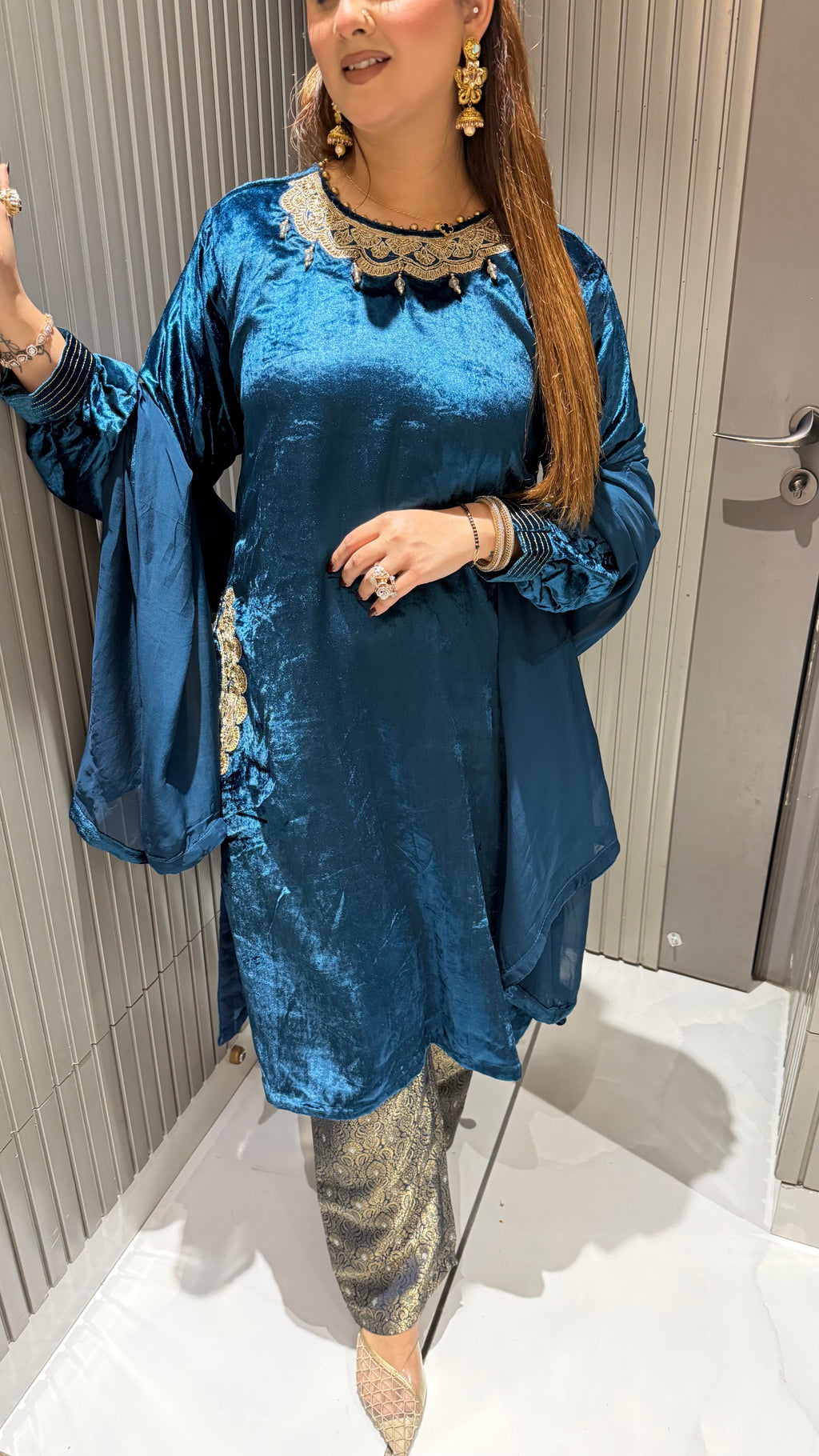 Velvet Suit With Handwork Neckline And Brocade Pants