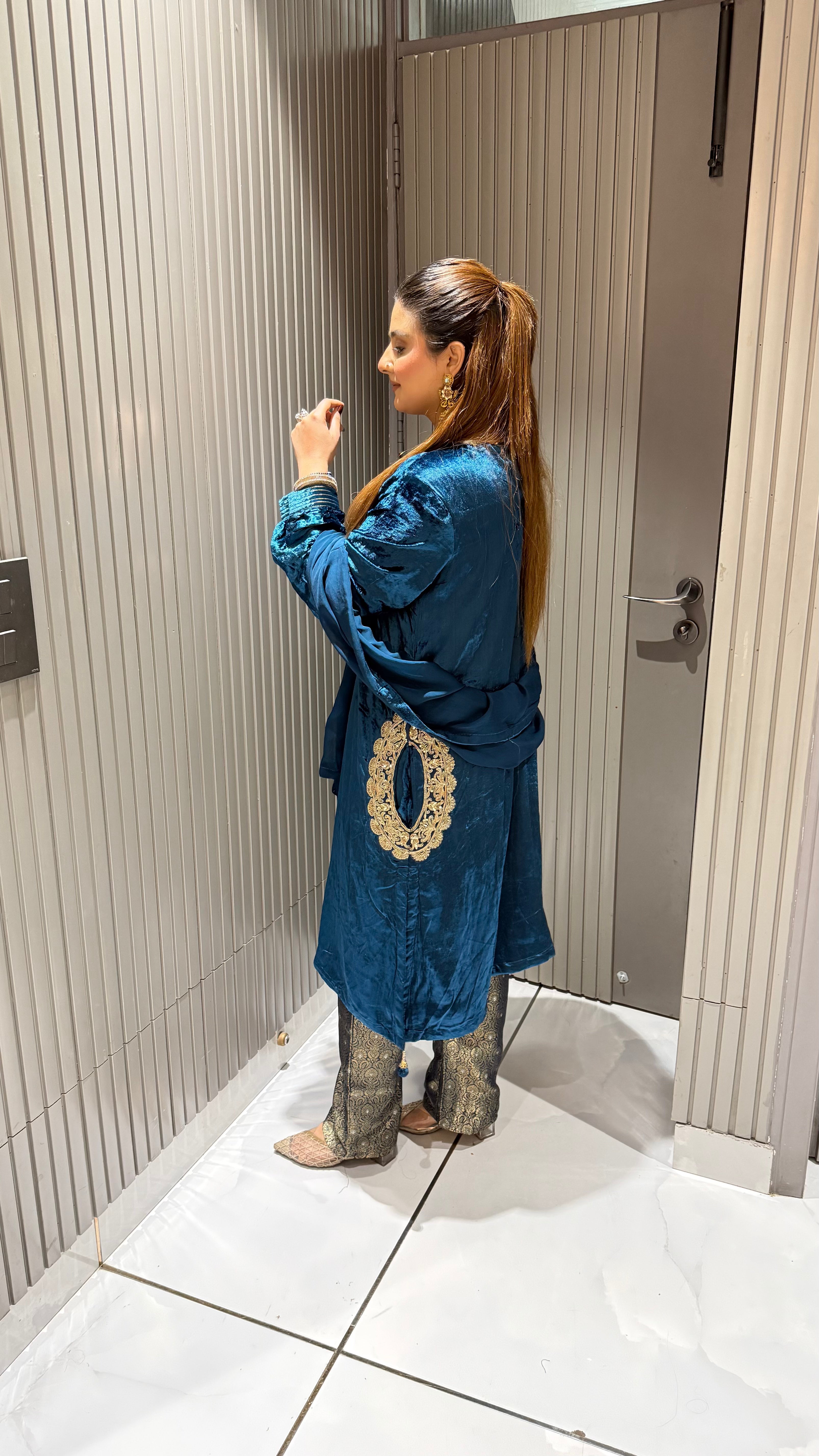Velvet Suit With Handwork Neckline And Brocade Pants