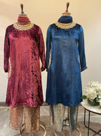 Velvet Suit With Handwork Neckline And Brocade Pants